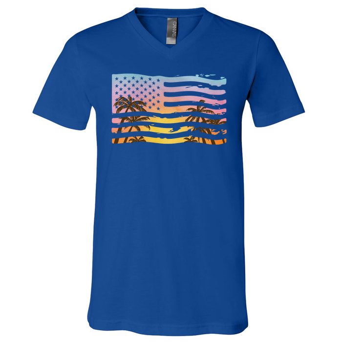 Patriotic Beach Usa Tropical Flag V-Neck T-Shirt