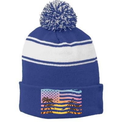 Patriotic Beach Usa Tropical Flag Stripe Pom Pom Beanie