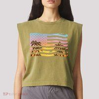 Patriotic Beach Usa Tropical Flag Garment-Dyed Women's Muscle Tee