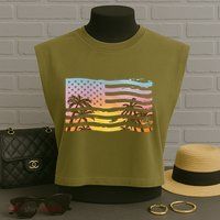 Patriotic Beach Usa Tropical Flag Garment-Dyed Women's Muscle Tee