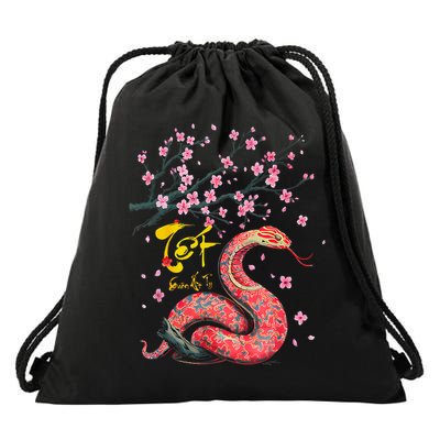 Peach Blossom Vietnamese Lunar New Year Snake 2025 Happy Tet Drawstring Bag