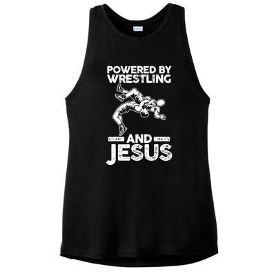 Powered By Wrestling And Jesus Ladies PosiCharge Tri-Blend Wicking Tank