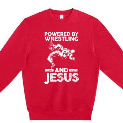 Powered By Wrestling And Jesus Premium Crewneck Sweatshirt