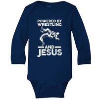 Powered By Wrestling And Jesus Baby Long Sleeve Bodysuit