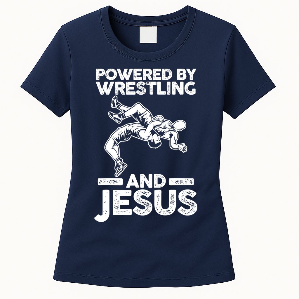 Powered By Wrestling And Jesus Womens T-Shirt