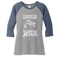 Powered By Wrestling And Jesus Women's Tri-Blend 3/4-Sleeve Raglan Shirt