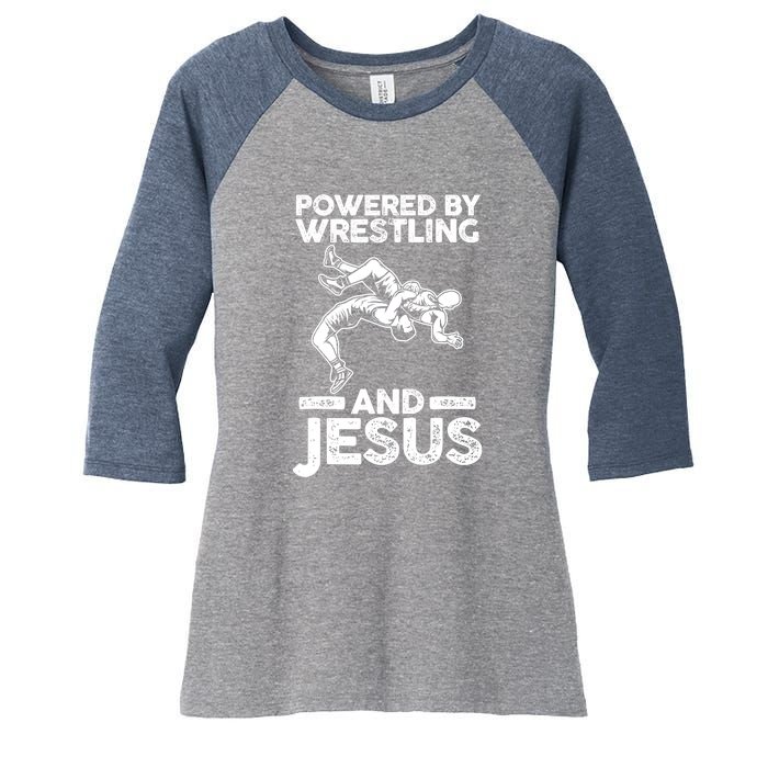 Powered By Wrestling And Jesus Women's Tri-Blend 3/4-Sleeve Raglan Shirt