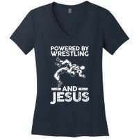 Powered By Wrestling And Jesus Women's V-Neck T-Shirt