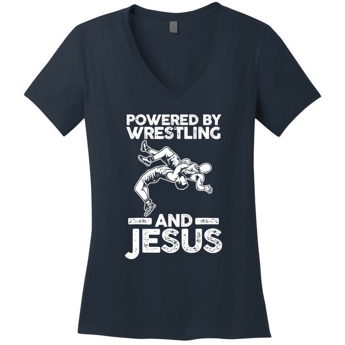 Powered By Wrestling And Jesus Women's V-Neck T-Shirt