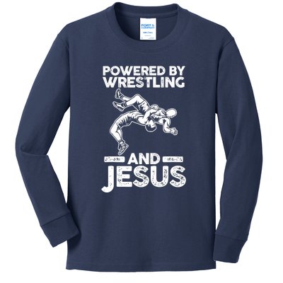 Powered By Wrestling And Jesus Kids Long Sleeve Shirt