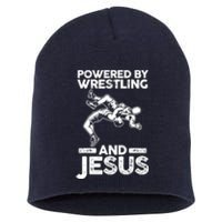 Powered By Wrestling And Jesus Short Acrylic Beanie