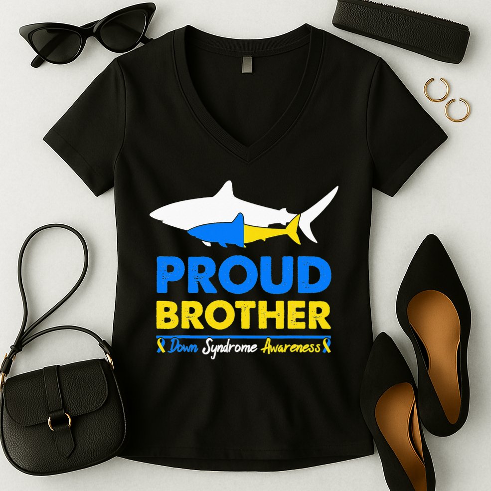 Proud Brother World Down Syndrome Awareness Day Shark T21 Women's V-Neck T-Shirt
