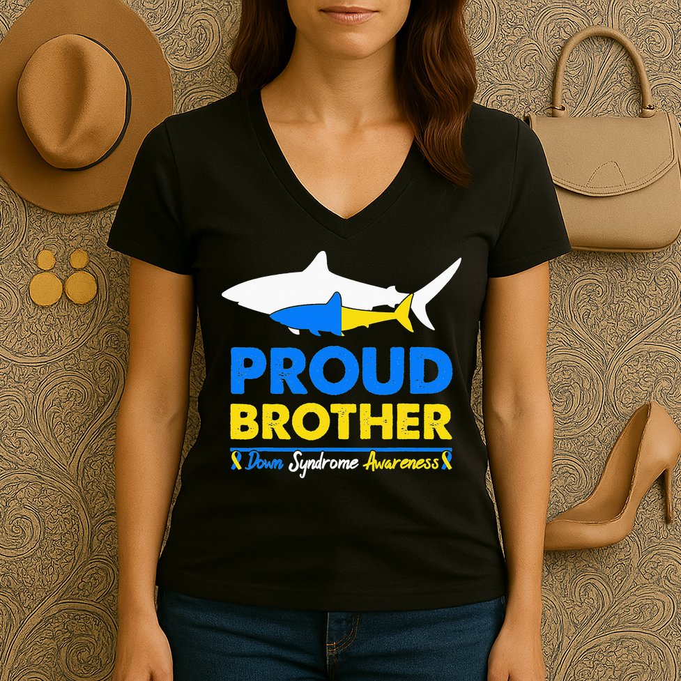 Proud Brother World Down Syndrome Awareness Day Shark T21 Women's V-Neck T-Shirt