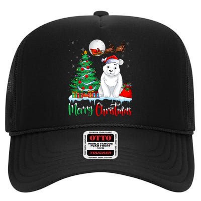 Polar Bear Wearing Santa Hat Xmas Merry Christmas Polar Bear High Crown Mesh Back Trucker Hat