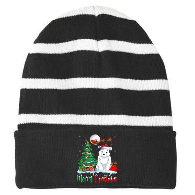 Polar Bear Wearing Santa Hat Xmas Merry Christmas Polar Bear Striped Beanie with Solid Band