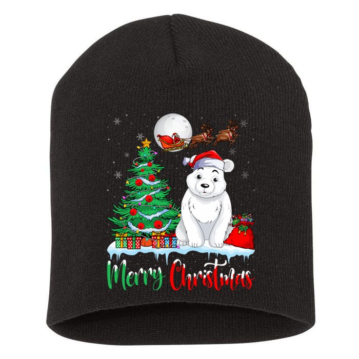 Polar Bear Wearing Santa Hat Xmas Merry Christmas Polar Bear Short Acrylic Beanie