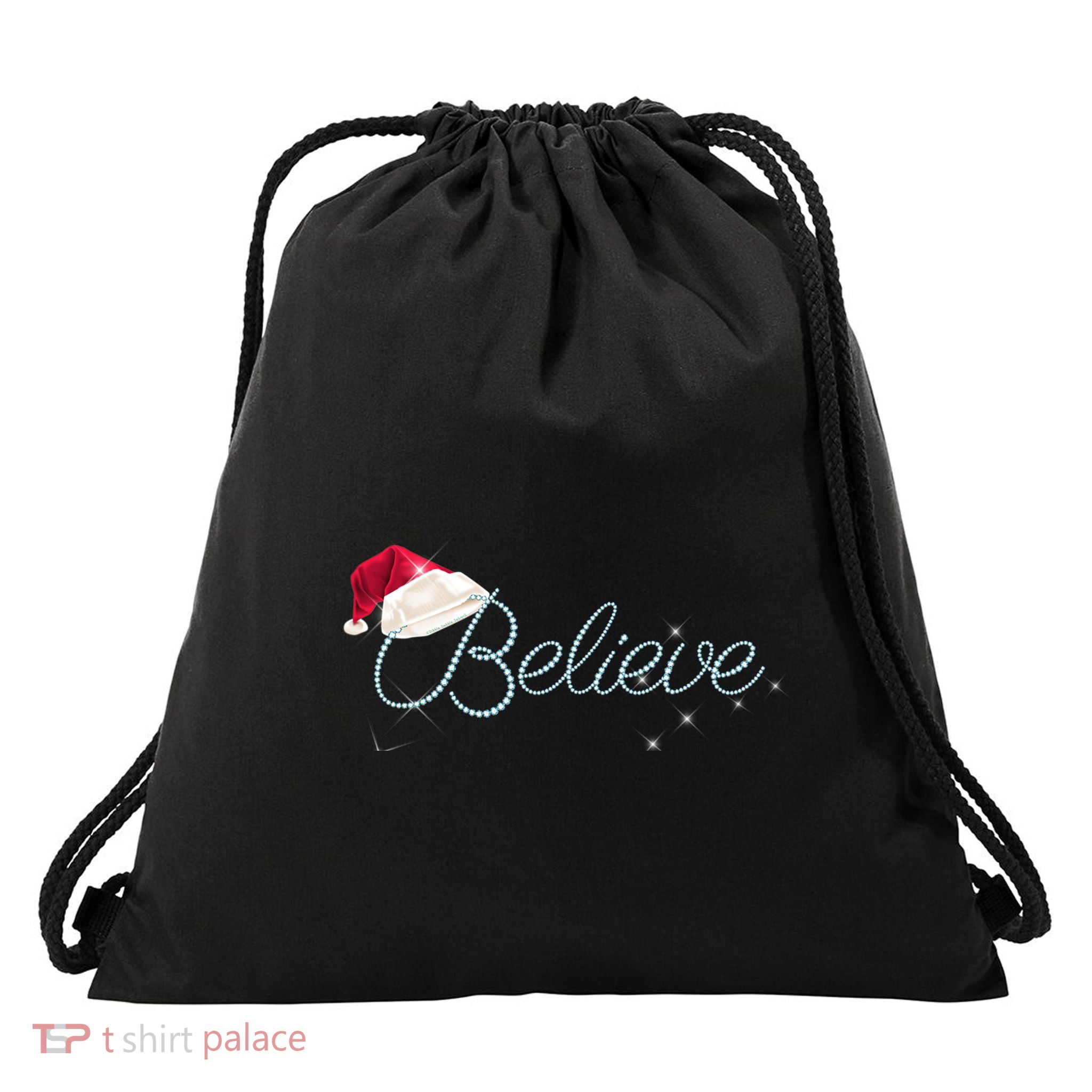 Pretty Believe With Santa Hat Holiday Christmas Gift Drawstring Bag