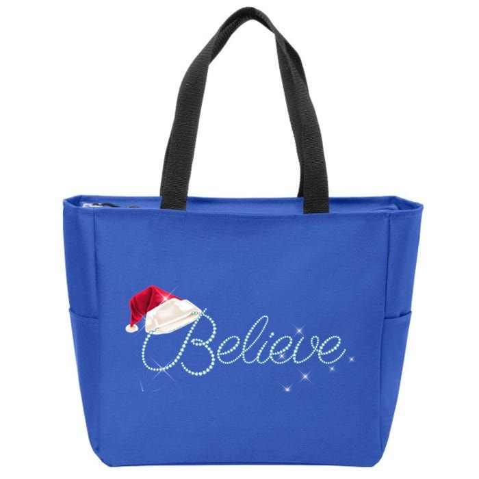 Pretty Believe With Santa Hat Holiday Christmas Gift Zip Tote Bag