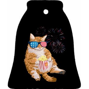 Patriotic Cat 4th of July USA American Flag Ceramic Bell Ornament