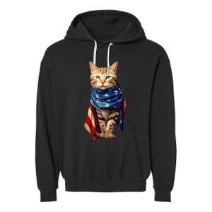 Patriotic Cat 4th Of July USA American Flag Garment-Dyed Fleece Hoodie