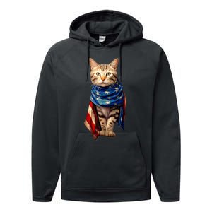 Patriotic Cat 4th Of July USA American Flag Performance Fleece Hoodie