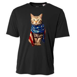 Patriotic Cat 4th Of July USA American Flag Cooling Performance Crew T-Shirt