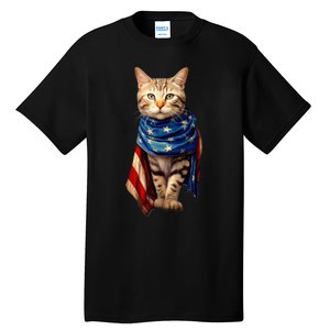 Patriotic Cat 4th Of July USA American Flag Tall T-Shirt