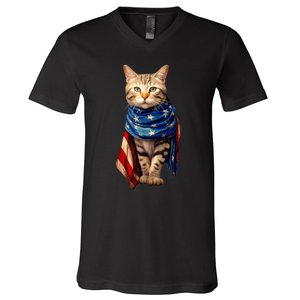 Patriotic Cat 4th Of July USA American Flag V-Neck T-Shirt