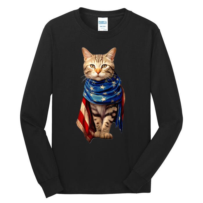 Patriotic Cat 4th Of July USA American Flag Tall Long Sleeve T-Shirt