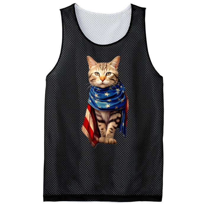 Patriotic Cat 4th Of July USA American Flag Mesh Reversible Basketball Jersey Tank