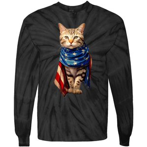 Patriotic Cat 4th Of July USA American Flag Tie-Dye Long Sleeve Shirt