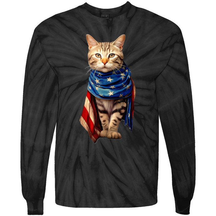 Patriotic Cat 4th Of July USA American Flag Tie-Dye Long Sleeve Shirt