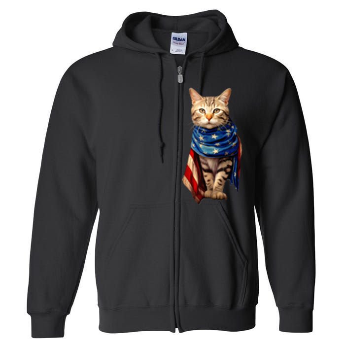 Patriotic Cat 4th Of July USA American Flag Full Zip Hoodie