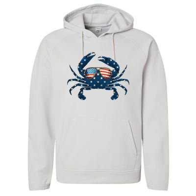 Patriotic Crab 4th Of July Usa Crustacean Seafood Crabbing Performance Fleece Hoodie