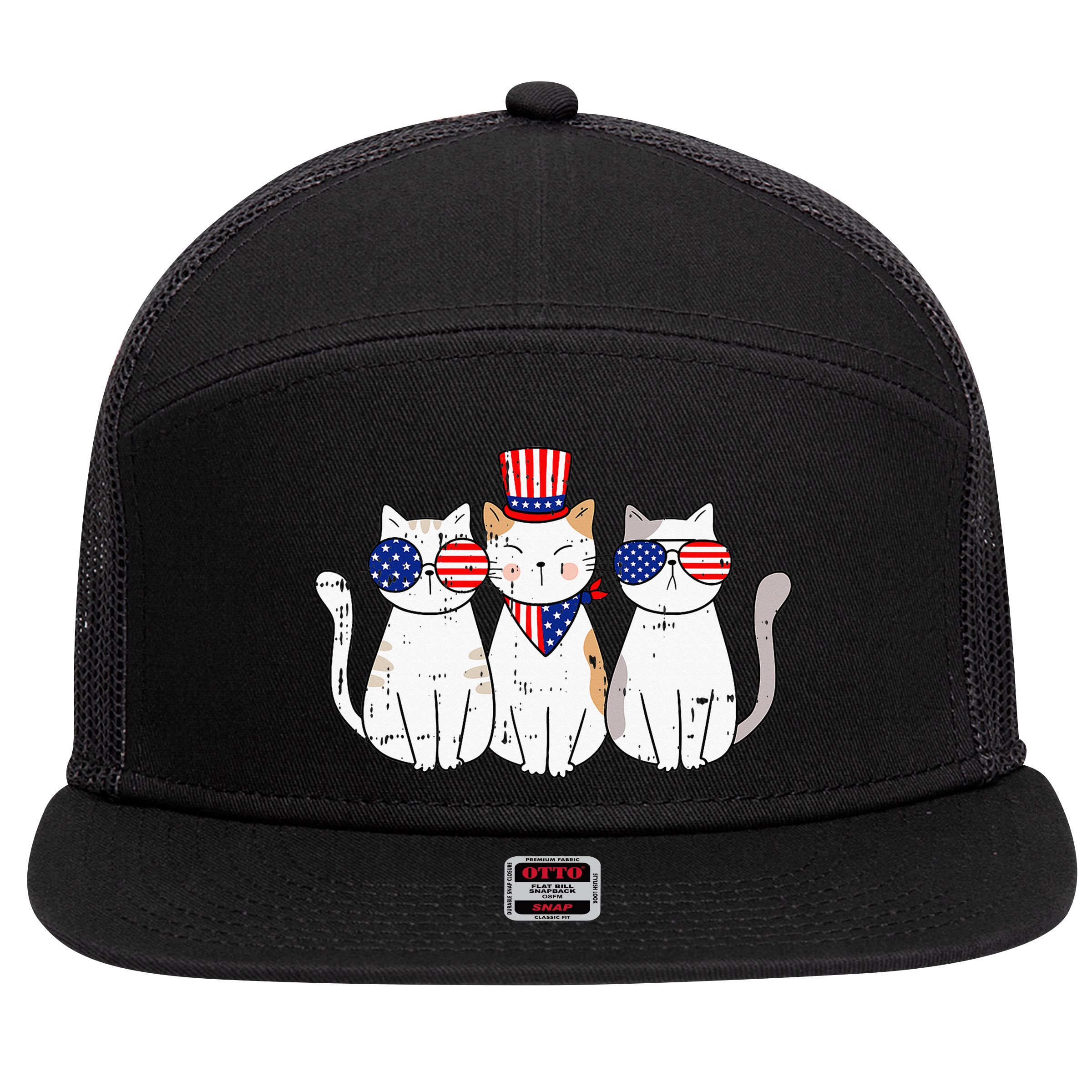 Patriotic Cat 4th Of July Funny Kitten Cat Lover Pet Owner 7 Panel Mesh Trucker Snapback Hat