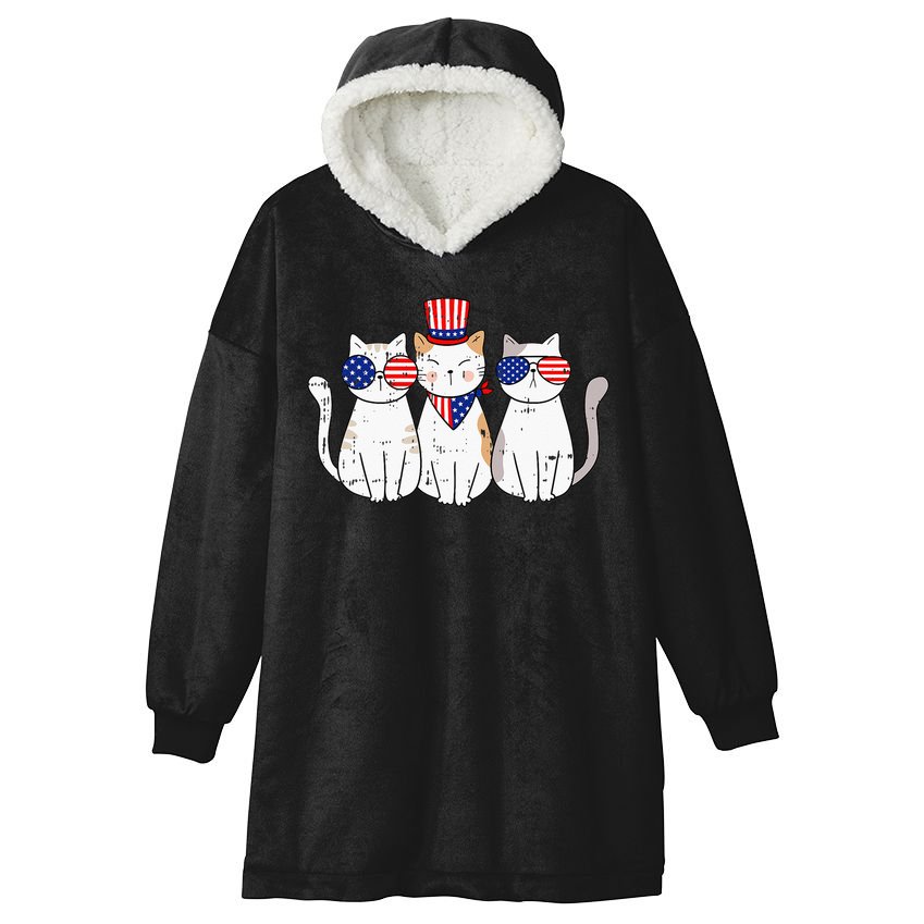 Patriotic Cat 4th Of July Funny Kitten Cat Lover Pet Owner Hooded Wearable Blanket
