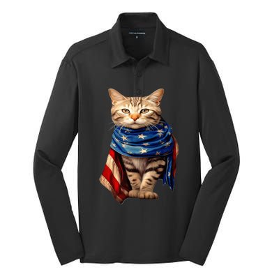 Patriotic Cat 4Th Of July USA American Flag Silk Touch Performance Long Sleeve Polo