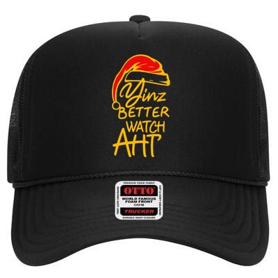 Pittsburgh Christmas 412 Yinzer Santa Yinz Better Watch Aht High Crown Mesh Back Trucker Hat