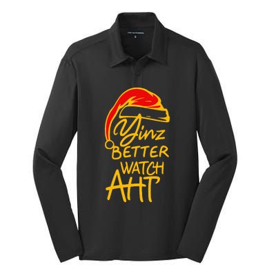 Pittsburgh Christmas 412 Yinzer Santa Yinz Better Watch Aht Silk Touch Performance Long Sleeve Polo