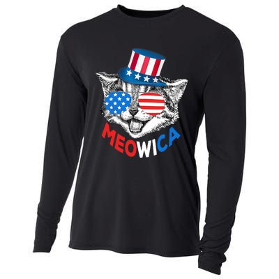 Patriotic Cat 4th of July American Flag Girl Meowica Cooling Performance Long Sleeve Crew