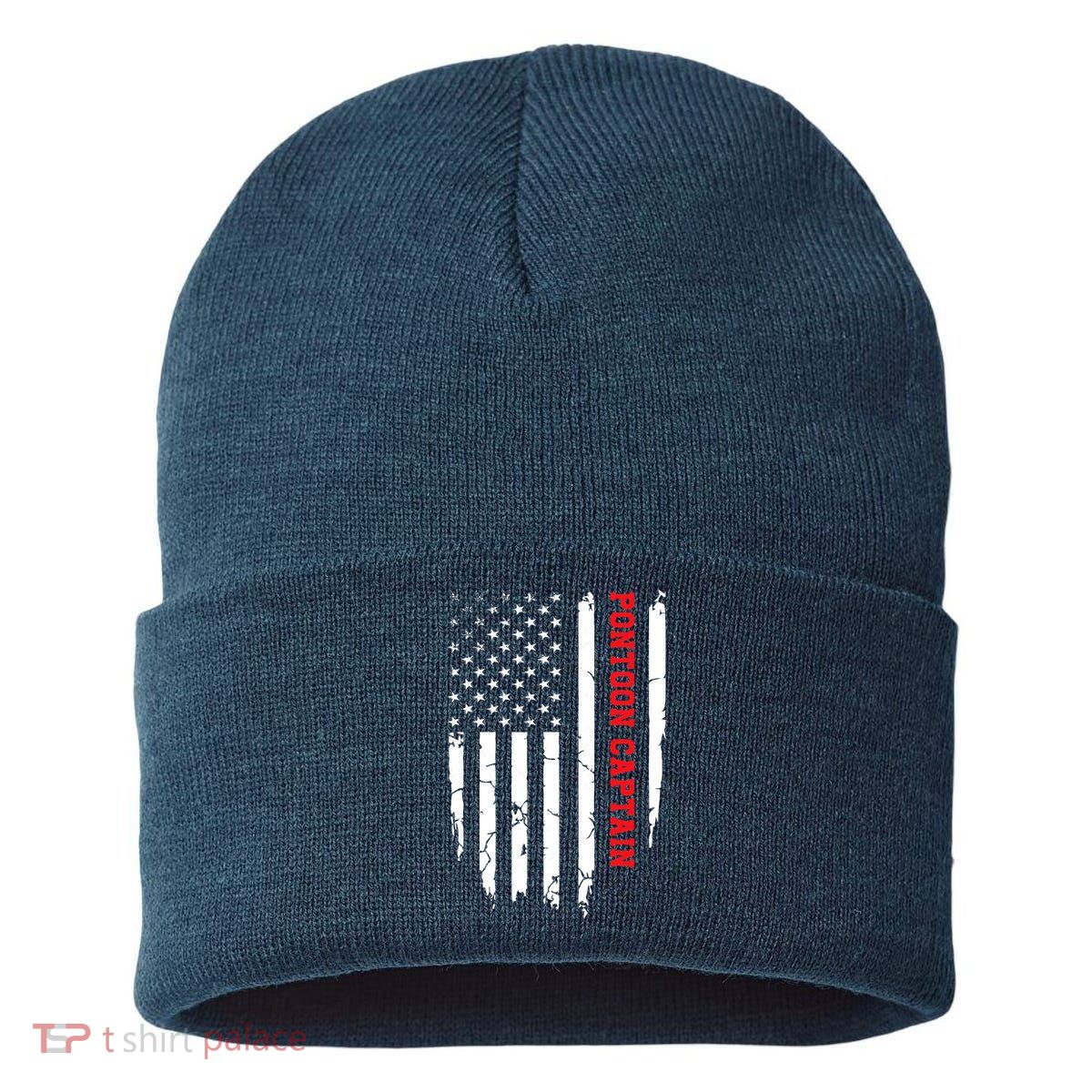 Pontoon Captain American Flag Pontooning Pontoon Boating Sustainable Knit Beanie