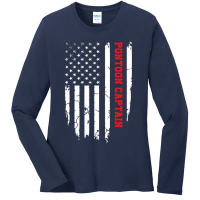 Pontoon Captain American Flag Pontooning Pontoon Boating Ladies Long Sleeve Shirt