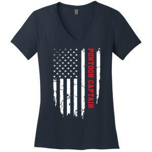 Pontoon Captain American Flag Pontooning Pontoon Boating Women's V-Neck T-Shirt