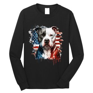 Patriotic Canine A Pitbull with American Flag Long Sleeve Shirt