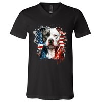 Patriotic Canine A Pitbull with American Flag V-Neck T-Shirt