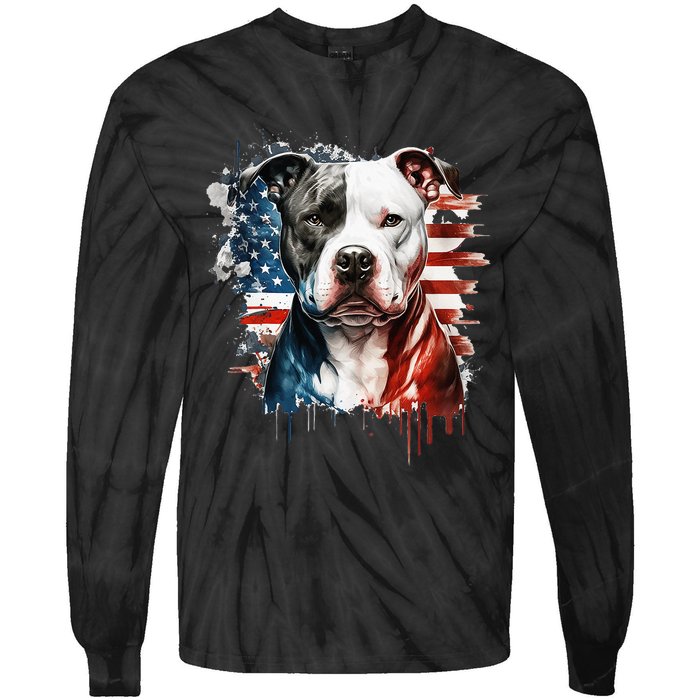 Patriotic Canine A Pitbull with American Flag Tie-Dye Long Sleeve Shirt