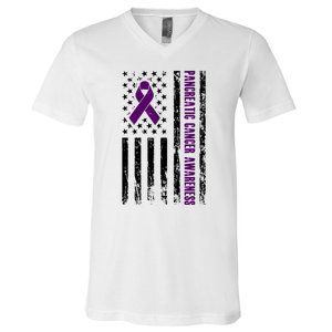 Pancreatic Cancer Awareness Purple Ribbon V-Neck T-Shirt