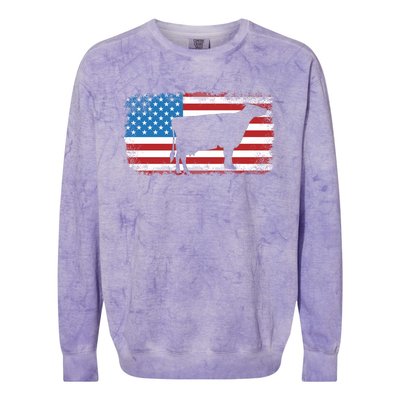 Patriotic Cow American Flag Usa July 4th Distressed Retro Gift Colorblast Crewneck Sweatshirt