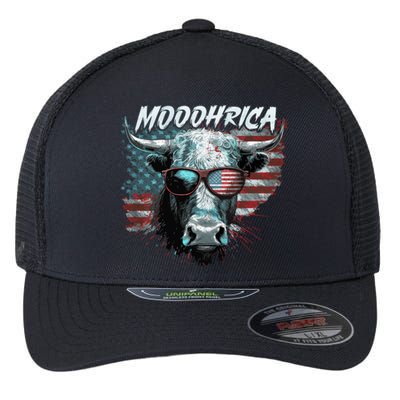 Patriotic Cow American Flag Mooohrica 4th Of July Farmer Gift Flexfit Unipanel Trucker Cap