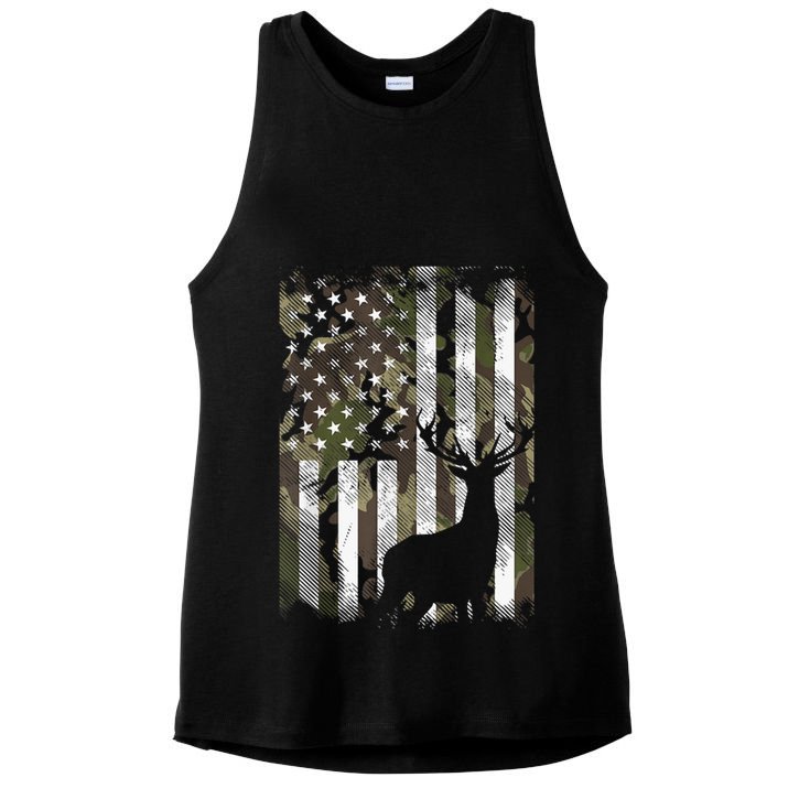 Patriotic Camo American Flag Deer Hunter Hunting Gift Ladies PosiCharge Tri-Blend Wicking Tank